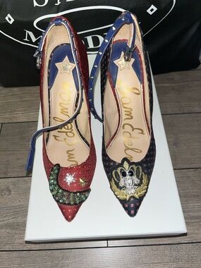Sam Edelman Red and Navy Embroidered Pointed Toe Ankle-Strap Heels
